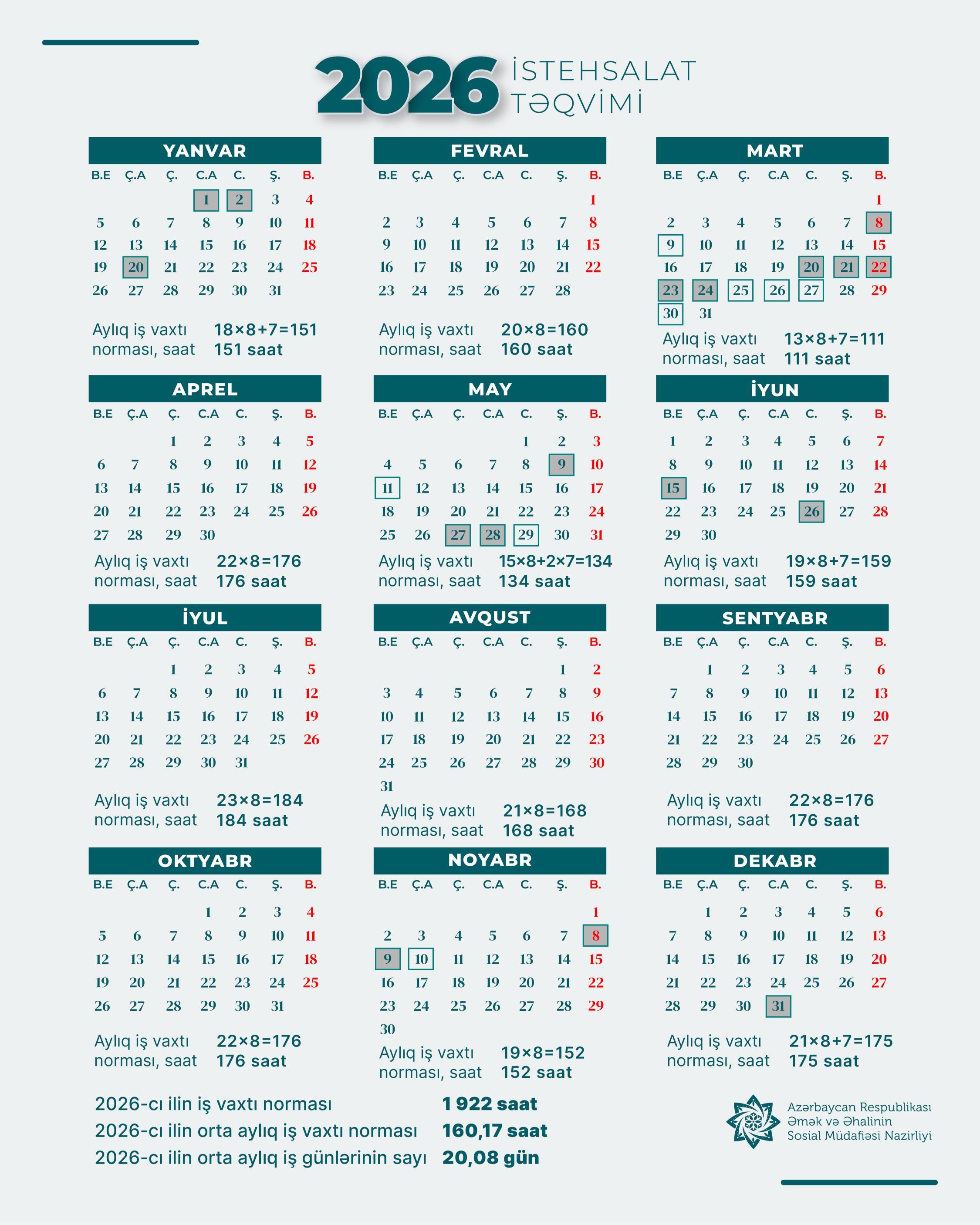 2026-cı ilin istehsalat təqvimi: 12 ay və iş vaxtı normaları. Böyütmək üçün klikləyin.
